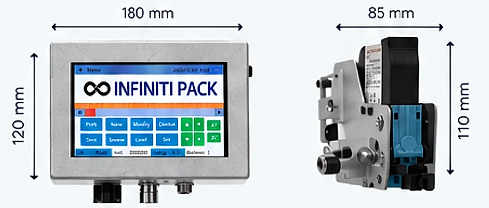 Dimensions: Control unit 180 × 120 mm · printhead 85 × 110 mm