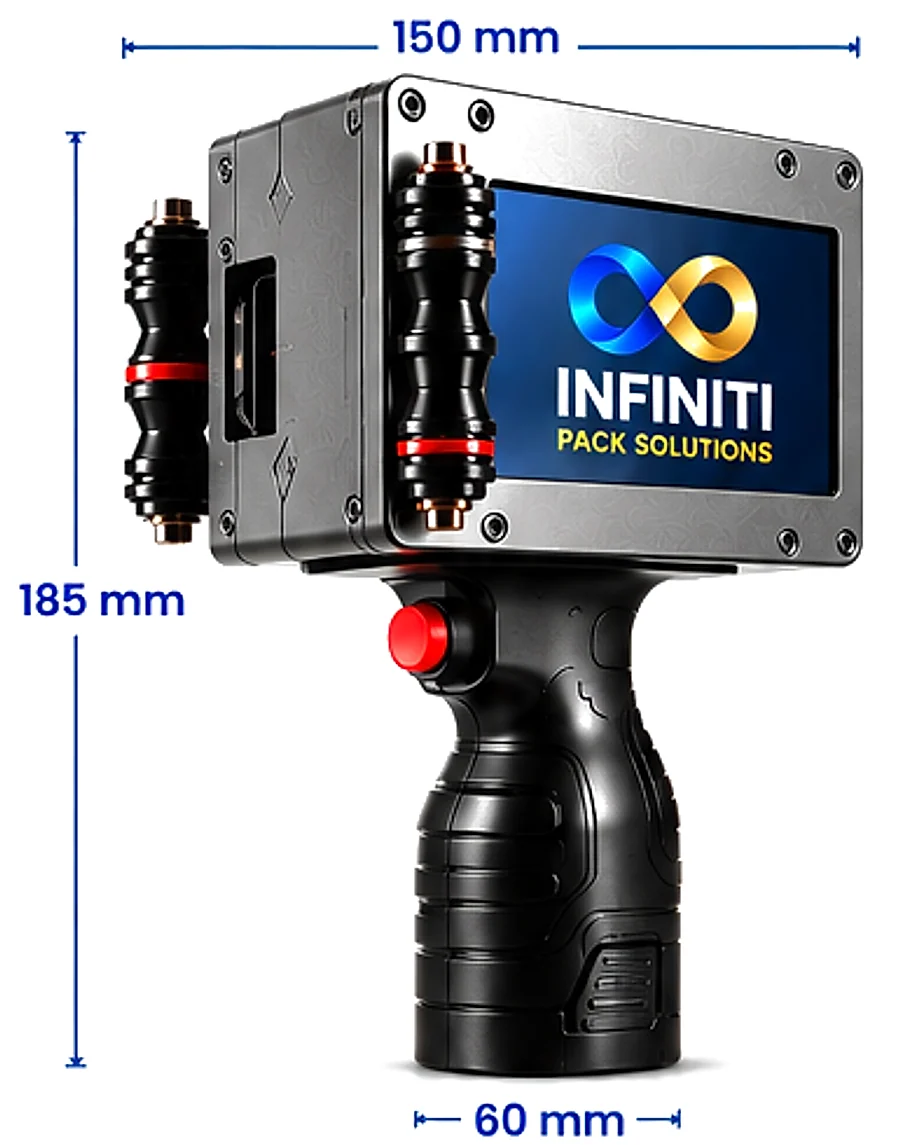 Dimensions: 150 mm (L) × 185 mm (H) × 60 mm (W) · approx. 750 g with battery