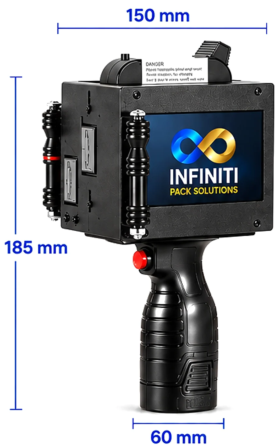 Dimensions: 150 mm (L) × 185 mm (H) × 60 mm (W) · approx. 750 g with battery